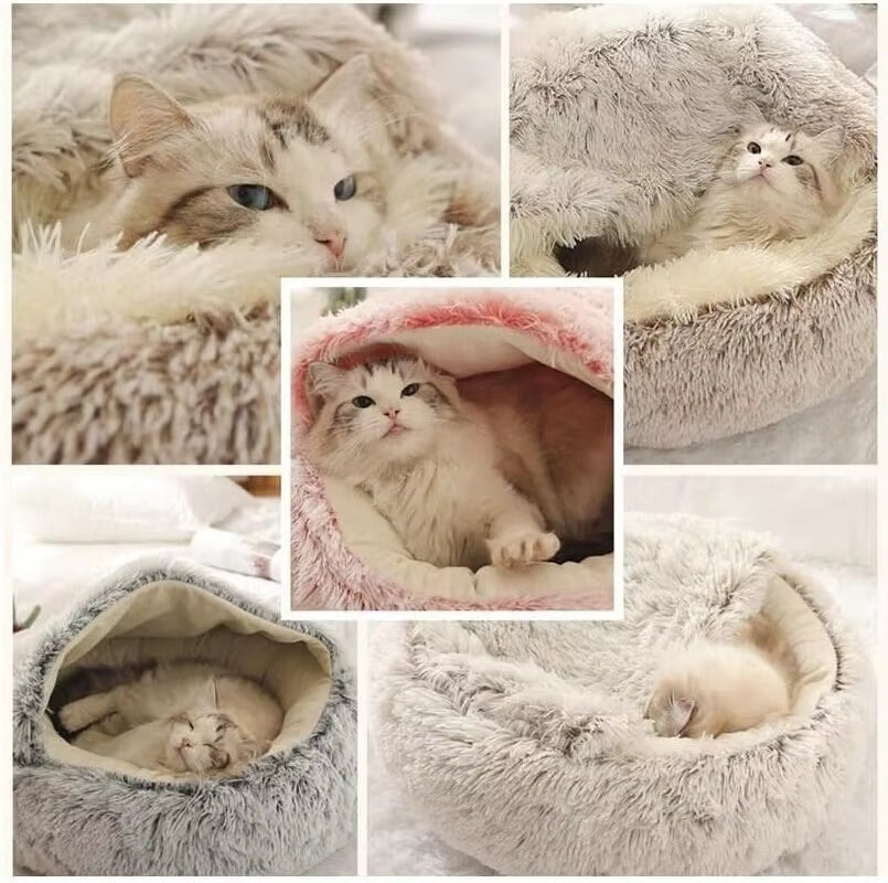 Soft Plush Pet Bed round Semi Closed Cat Bed Shell Type Pet Mattress Warm Cat Dog 2 in 1 Sleeping Nest Cave for Small Dogs