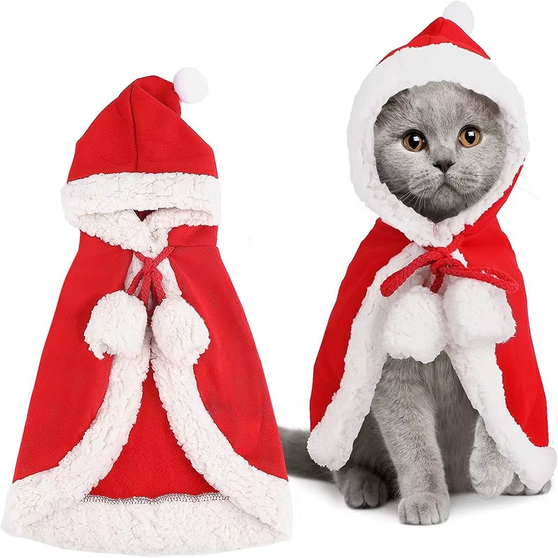 Cat Costume Santa Cosplay Funny Transformed Cat/Dog Pet Christmas Cape Dress up Clothes Red Scarf Cloak Props Decor