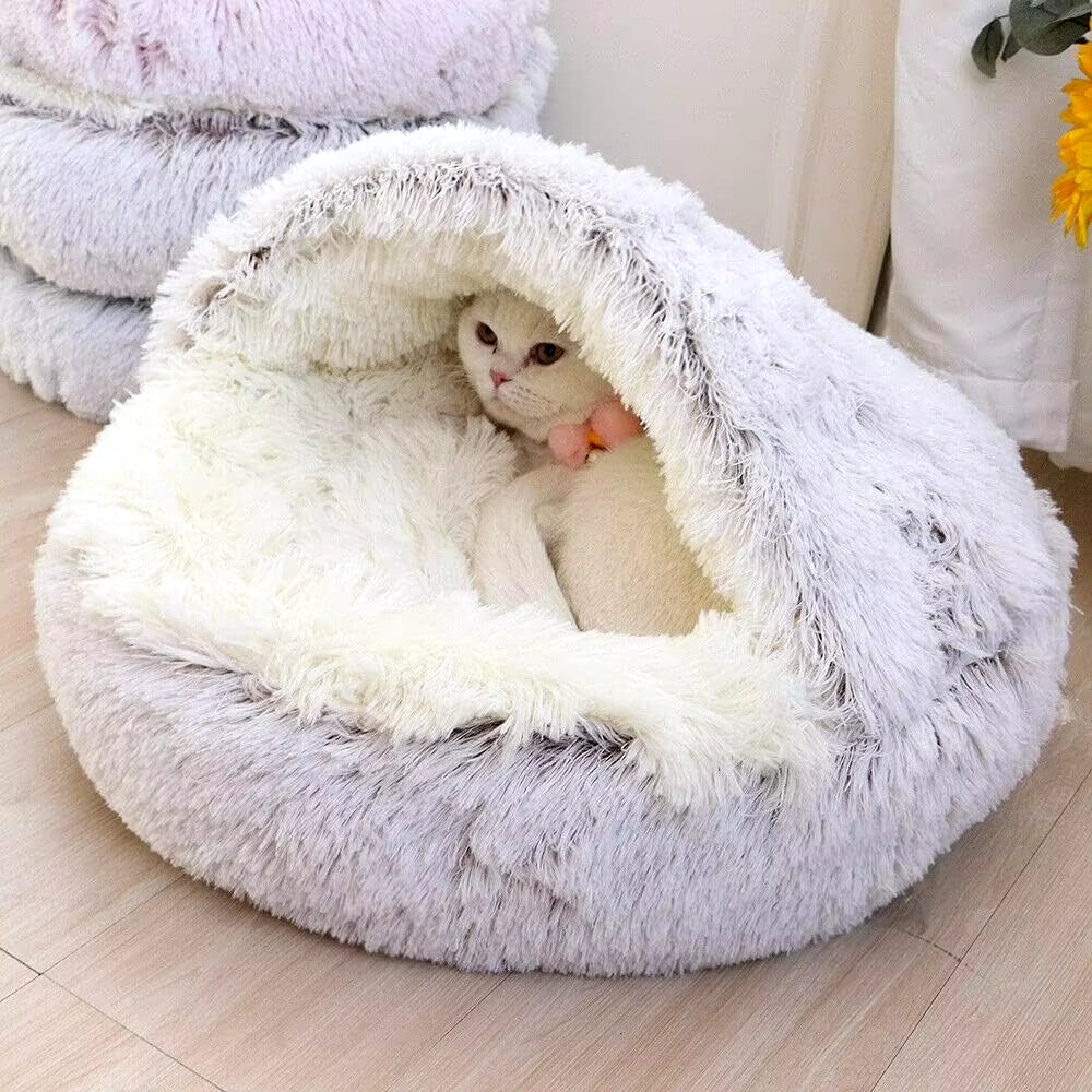 Soft Plush Pet Bed round Semi Closed Cat Bed Shell Type Pet Mattress Warm Cat Dog 2 in 1 Sleeping Nest Cave for Small Dogs