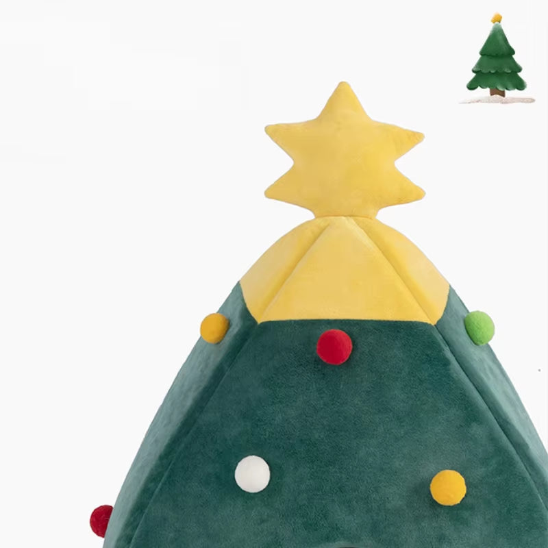 Christmas Cat/Dog Nest Warm Comfortable Plush Teddy Pet Bed Cave Bed Shape Tree Cat Nest Detachable and Washable Pet Supplies