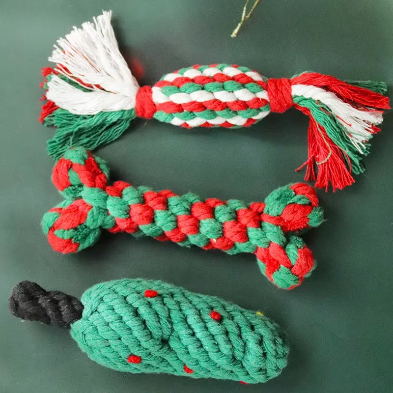 Christmas Dog Toys Braided Cotton Rope Candy Bones Pet Toy for Small Large Dog Bite Resistant Molar Teeth Cleaning Dog Chew Toys