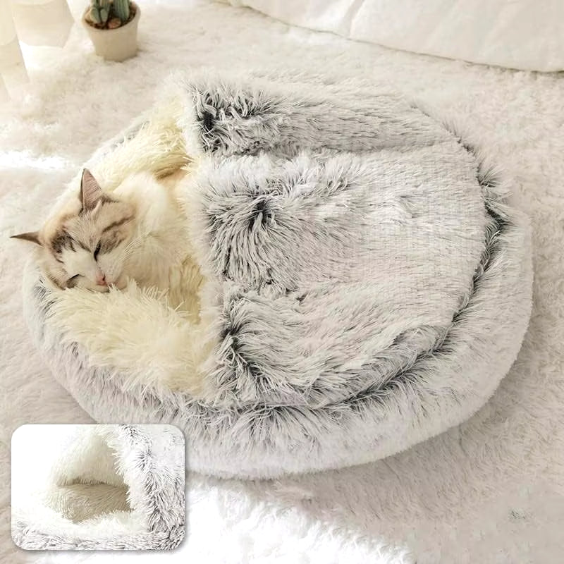 Soft Plush Pet Bed round Semi Closed Cat Bed Shell Type Pet Mattress Warm Cat Dog 2 in 1 Sleeping Nest Cave for Small Dogs