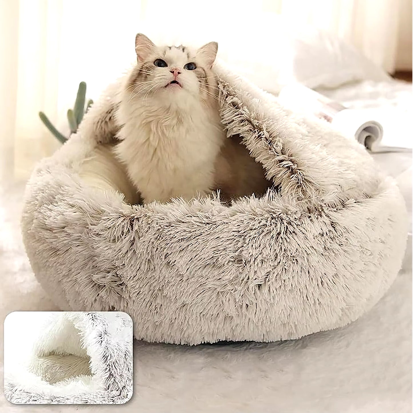 Soft Plush Pet Bed round Semi Closed Cat Bed Shell Type Pet Mattress Warm Cat Dog 2 in 1 Sleeping Nest Cave for Small Dogs