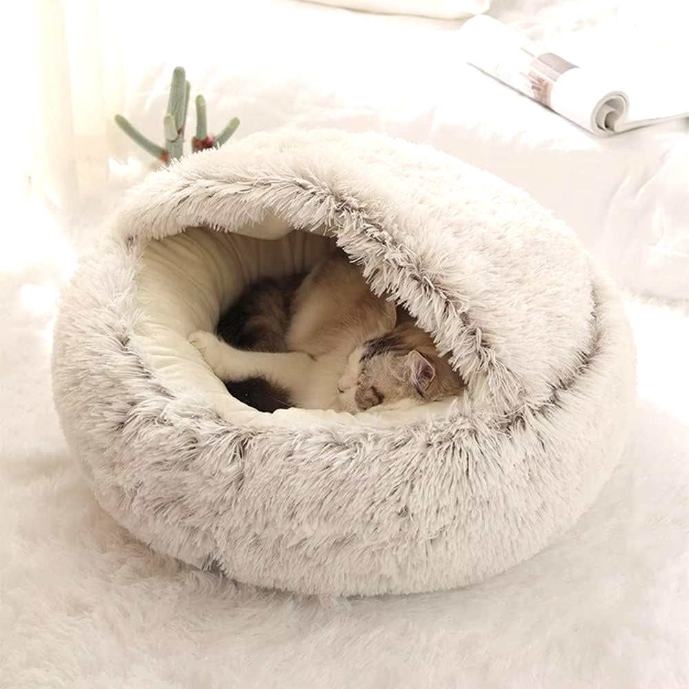 Soft Plush Pet Bed round Semi Closed Cat Bed Shell Type Pet Mattress Warm Cat Dog 2 in 1 Sleeping Nest Cave for Small Dogs